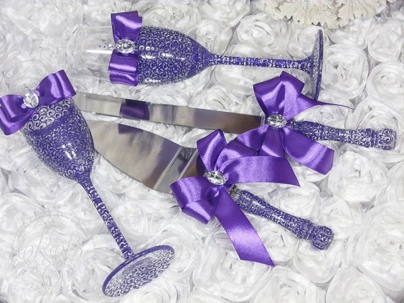 Purple  wedding  set  champagne flutes and cake  server and