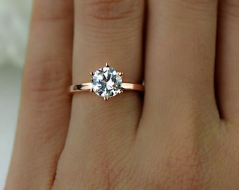 1.5 ct Engagement Ring, 6 Prong Solitaire Ring, Man Made Diamond Simulant, Wedding Ring, Promise Ring, Sterling Silver, Rose Gold Plated