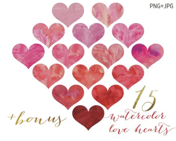 Download 15 JPG & PNG watercolor love hearts clipart pink hearts