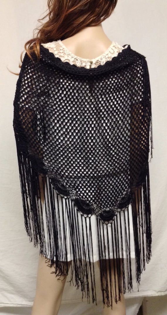 Black knit shawl Long Fringed Piano Scarf Shawl Black