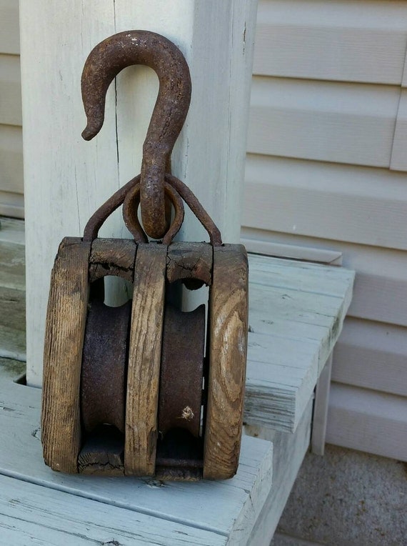 Antique Double Wood & Iron Pulley Rustic Farmhouse Decor