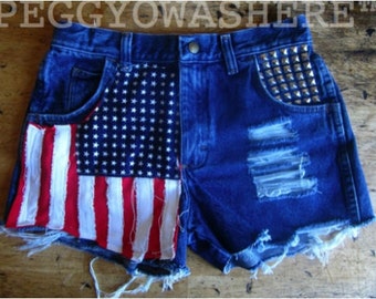Vtg high waist Cut offs indigo denim shorts studs American Flag patch moto PEGGYOWASHERE design