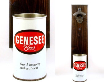 Wall Mounted New York Beer Bottle Opener With A Vintage Genesee Beer Can Cap Catcher - Father's Day Or Groomsmen Barware Gift Idea