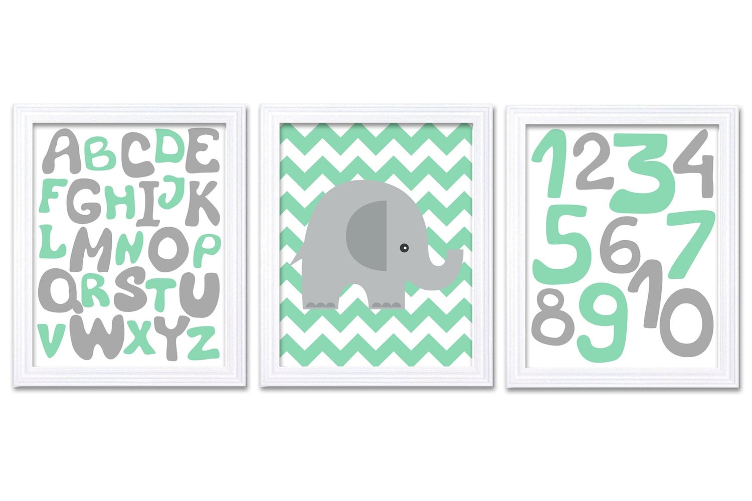 Mint Green Grey Elephant Alphabet Numbers Nursery Art Print Set of 3 Chevron 123 ABC Child Art Kids 