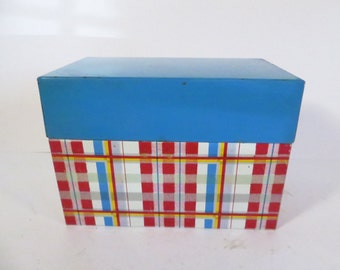 Vintage Blue Red Plaid Tin Recipe Box - 1960's Ohio Art Company Red Plaid File Box