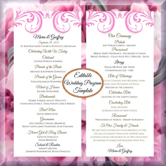 Hot Pink Swirls Wedding Program Editable Template Printable Do It Yourself Wedding Programs Templates Free