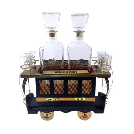 Vintage Trolley Decanter Bar Set with Cable Car Style Musical