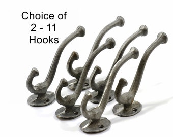 Cast Iron Hooks-Unpainted-Raw Hand-Casted Iron-5" High-Coat Hooks-Wall Hooks-Choice of 2 - 11 Hooks