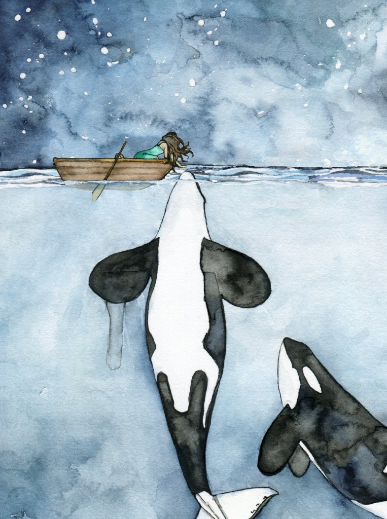Watercolor Orca and Girl Painting Print titled