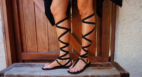 Sale Knee High Lace Up Gladiator Sandals In Black By Chrysandals