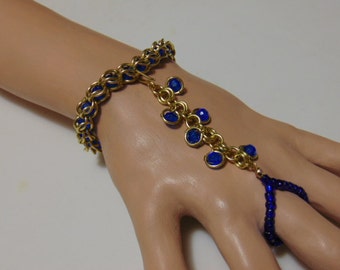 Slave Bracelet/ Handflower/ Chainmaille/ Cobalt Blue/Yellow Brass/Removable Stretch Ring Portion