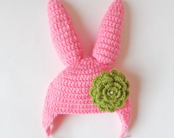 Pink Bunny Ear Flap Hat With Green Flower Costume - Rabbit Hat - For Girl Newborn to Adult Halloween Wig / Cosplay Wig