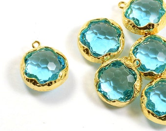 Aqua Blue Glass Pendant, Round Blue Pendant, Aquamarine Color with Hammered Finished Frame in Anti-tarnish Gold Plating - 2 pcs/ order