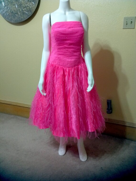 strapless Short Hot pink ostrich feather dress with tulle By
