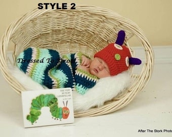 Baby Boy Girl Crochet Hungry Caterpillar Hat Cocoon Costume Set. Photography Props