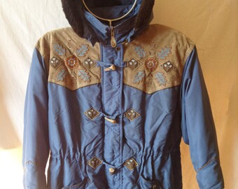 Jacket / Parka vintage, blue, faux leather and embroidery, René Derhy, size UK 10, US 28 F.