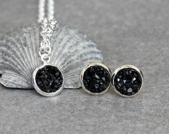 Black Necklace Set, Black Stud Earrings, Black Druzy Earrings, Black Pendant Necklace, Black Post Earring, Black Earrings, Black Studs 8MM