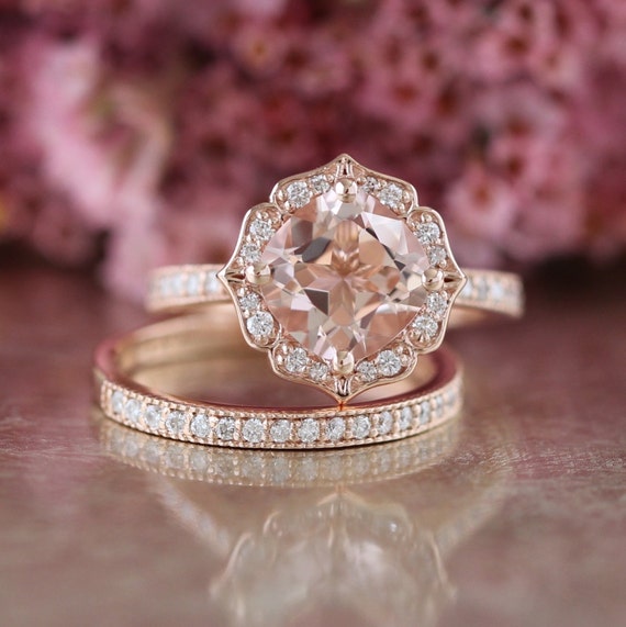 Bridal Set Vintage Floral Morganite Engagement Ring and