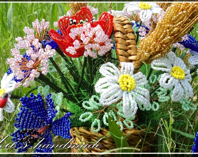 Bouquet of wild summer flowers in a basket spikes, cornflowers, daisies, poppy (25inch high)