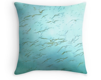 Aqua Pillow, Seagull Cushion, Beach Decor, Bird Pillow, Seagull Pillow, Bird Cushion, Nature Pillow, Sea Gull Cushion, Watercolor Pillow