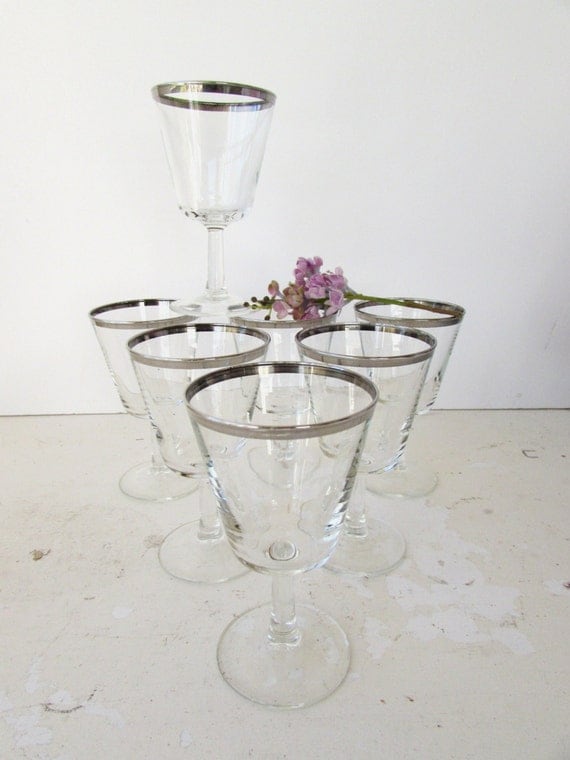 Set of 7 Silver Rimmed Wine Glasses Mid by McBeanHomeVintage