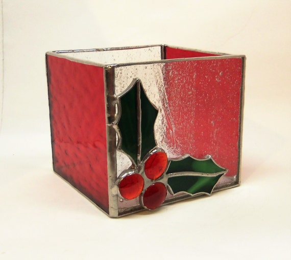 Holiday Candle Holder Stained Glass Holly And Berries 3516