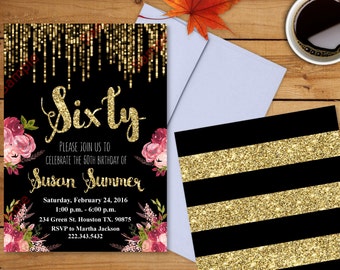 60th Birthday Invitation - Gold Glitter Invitation - Floral Invitation - Elegant Birthday Invitation