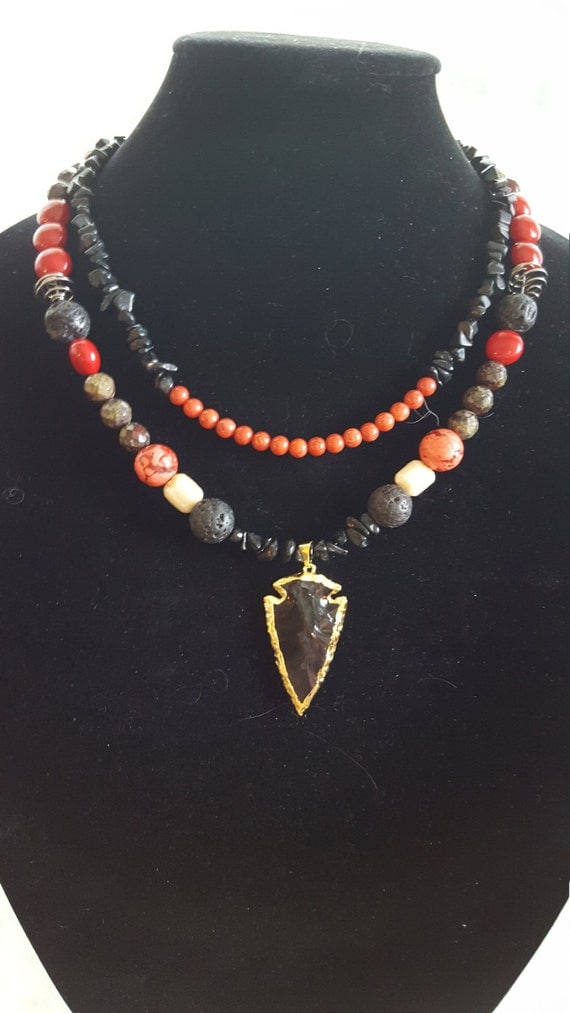 Double Strand Gold plated Obsidian Arrowhead Pendant Necklace