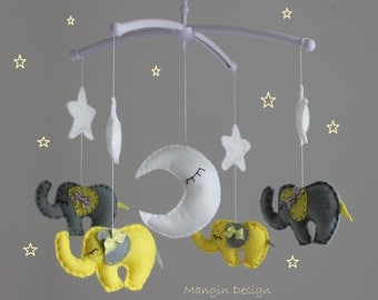 SALE! Yellow and grey elephant mobile baby cot mobile star moon elephant baby nursery decor yellow grey white musical mobile