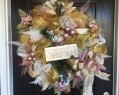 Gold and Pink Mesh Wreath, Christmas Mesh wreath, Elegant Christmas Wreath,Holiday Mesh Wreath, Front Door wreath,Victorian Christmas wreath