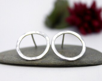 Sterling Silver Circle Earrings, Circle Post Earrings, Hook Earrings, Hammered Earrings, Simple post earrings, Handmade Silver Earrings.
