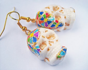 Rainbow skull earrings Sugar skull earrings Day of the dead earrings White skull earrings Sugar skull jewelry Dia de los muertos earrings
