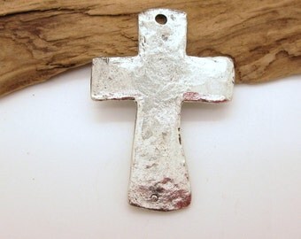 Rustic Hammered Silver Cross Pendant, Silver Plated Pewter Cross, Southwest Cross Pendant, 33x48mm (1)