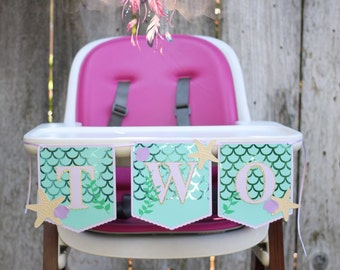 Mermaid banner for high chair age ONE or TWO, Mermaid birthday banner, Mermaid starfish and seashell banner, under the sea,