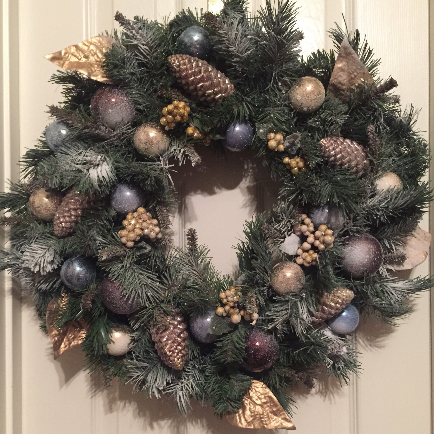 Gold Blue and Brown Evergreen Wreath