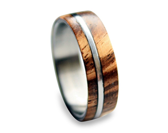 Titanium ring for men with zebrano wood inlay