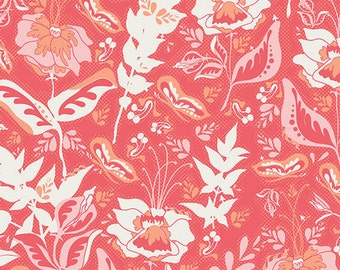 Coral Floral Fabric, Art Gallery Reminisce RMS-2506 Wonderment Teaberry, Bonnie Christine, Coral Floral Quilt Fabric, Cotton Yardage