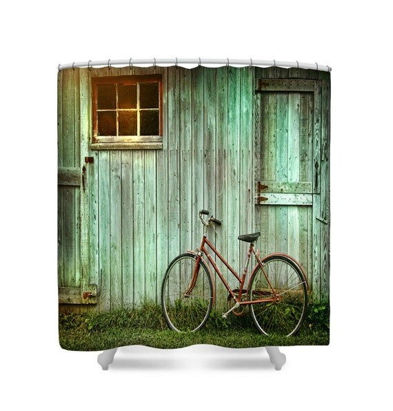 Shower Curtain Rustic Primitive Vintage Teal Barn by FolkandFunky