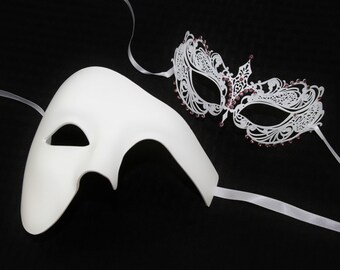 His and Her Classic White Couples Mask Set, Venetian Masquerade Mask, Phantom of the Opera Inspired, Mardi Gras. PP009WH+BA001PUWH (Purple)