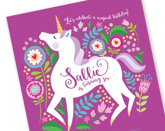 Unicorn Invitation, Printable, Customized text, DIY invitation, Girl's Unicorn Party, Floral Unicorn Invite