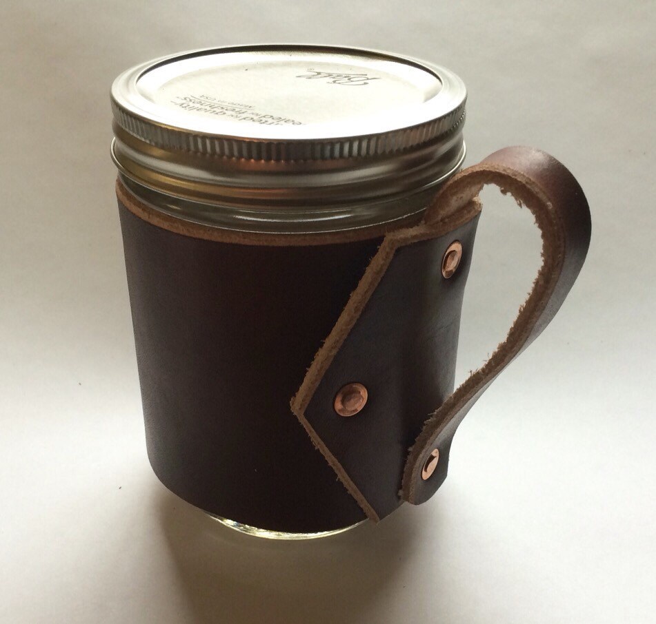 Camping Travel Mug Leather Coffee Sleeve by GrizzlyManLeathers