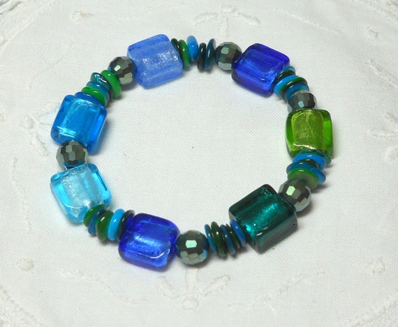 Items similar to Blue green stretch bracelet, romantic gift, blue green ...