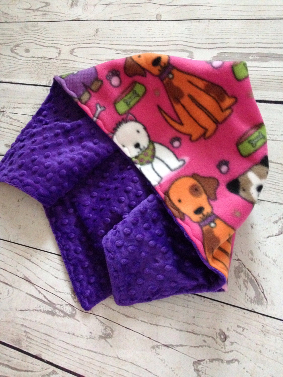 Dog Blanket Pink Fleece with Purple Minky Dot Fleece Pet