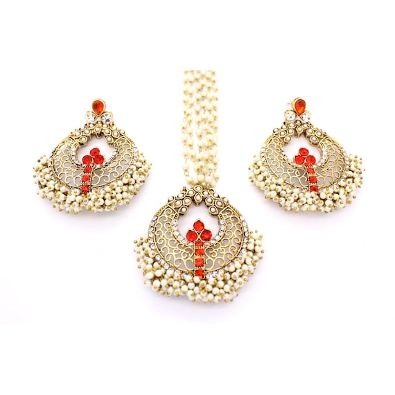 Red Gold Large Kundan Pearl Tikka Matching Jhumar Pasa by Glimour