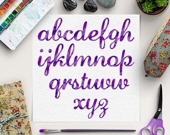BUY 5 FOR 8, Watercolor Font, Calligraphy Font, Watercolor Alphabet, Modern Brush Letters, Hand Lettered Font, Purple Alphabet