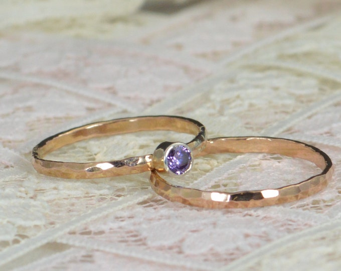 Amethyst Engagement Ring, 14k Rose Gold, Amethyst Wedding Ring Set, Rustic Wedding Ring Set, February Birthstone, Solid 14k Amethyst Ring