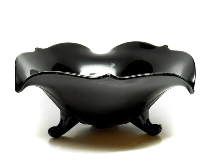 Storewide 25% Off SALE Vintage Rich Black Heavy Glass Footed Centerpiece Bowl Featuring Drop Edge Ruffled Design