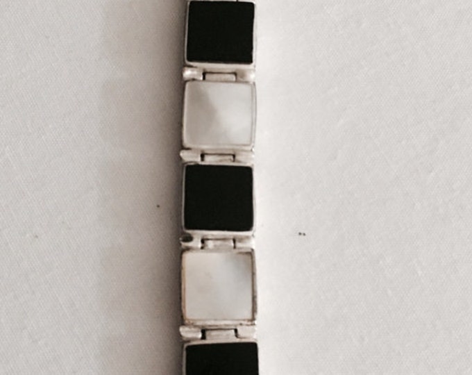 Storewide 25% Off SALE Vintage Sterling Silver Mother Of Pearl & Black Onyx Designer Bracelet Featuring Checkerboard Style Design
