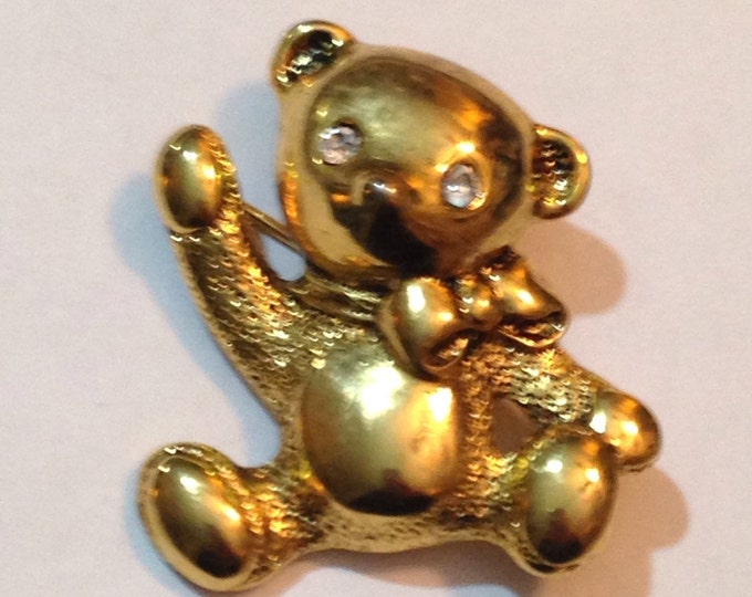 Storewide 25% Off SALE Cute Vintage 1928 Gold Tone Teddy Bear Designer Brooch Pin Featuring Clear Glass Recessed Eyes & Textured Finish