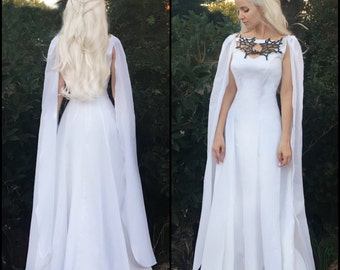 Game of Thrones Costume - Daenerys Meereen Dress - White Dragon Necklace Gown + Cape - Cosplay Costume - Sale